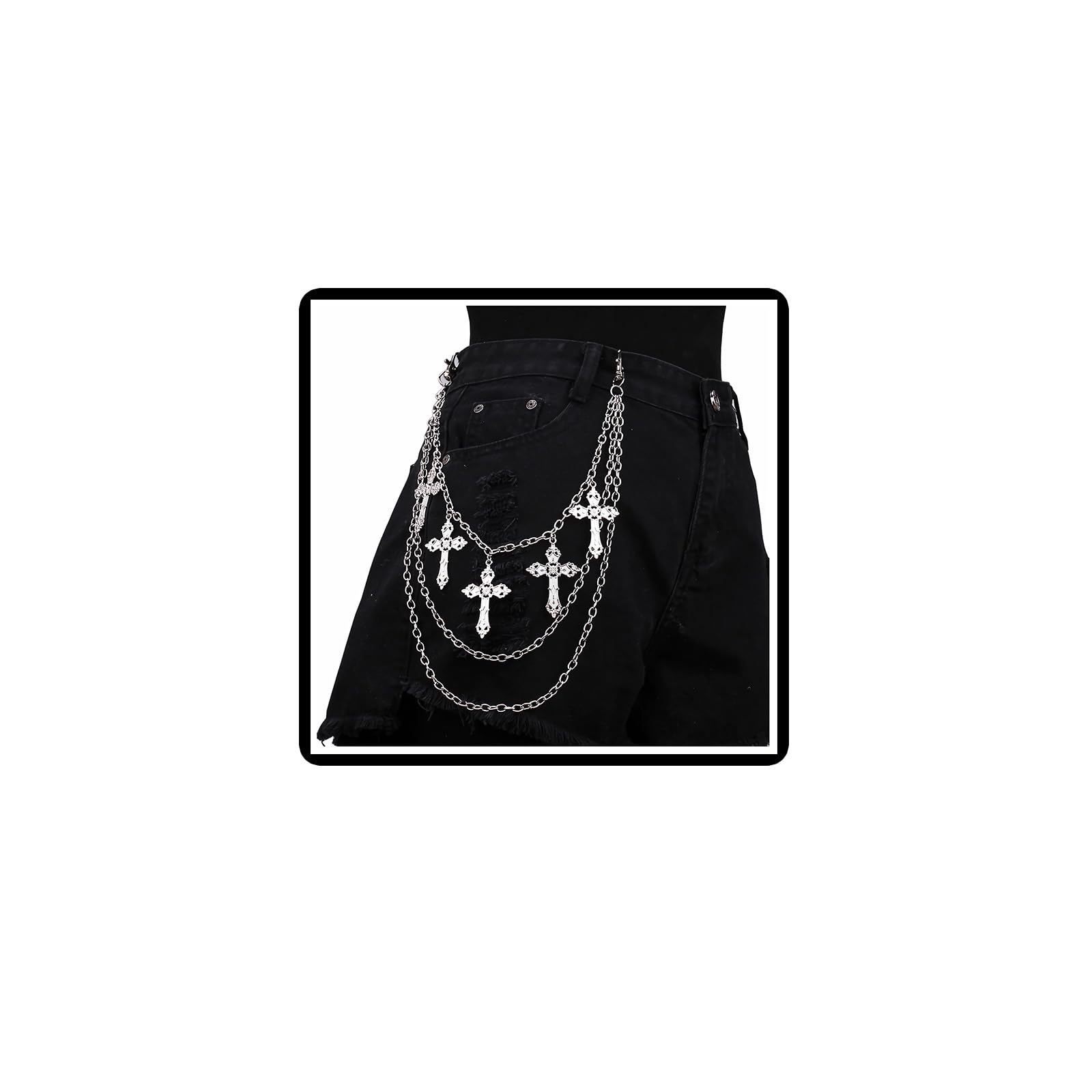 JewelryWe Punk broekketting Jeansketting met kruis: Gothic Hip Hop tweebaans metalen portemonneeketting Rock broek ketting Zilver portemonnee ketting Halloween Emo accessoires voor dames heren