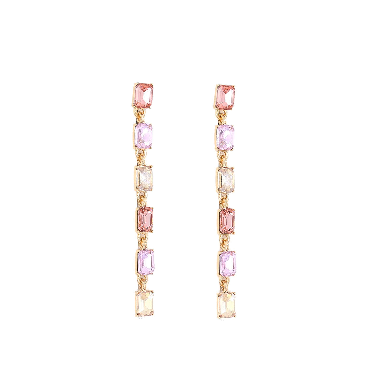 Colorful Crystal Dangle Drop Earrings for Women,Gold Multicolor Long Linear Square Rhinestone Chandelier Earrings,Iridescence CZ Ear Jewelry for Prom