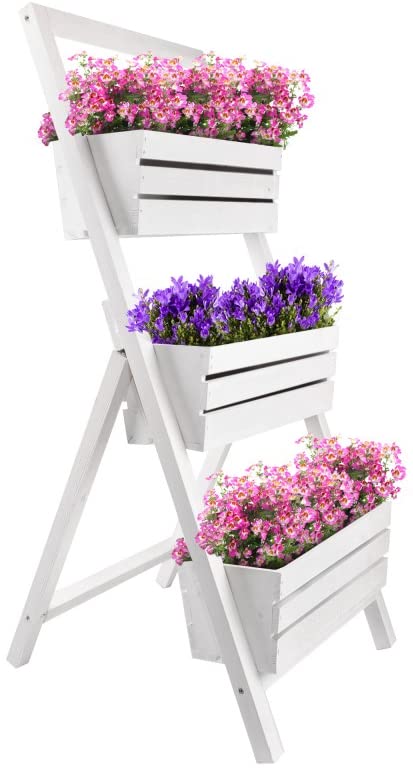KOTARBAU® Escalera de madera para plantas, Estantería de 3 jardineras, Huerto vertical, Jardinera vertical, Huerto urbano, Maceteros de madera, Blanco, Estantería para plantas, Cama elevada de jardín