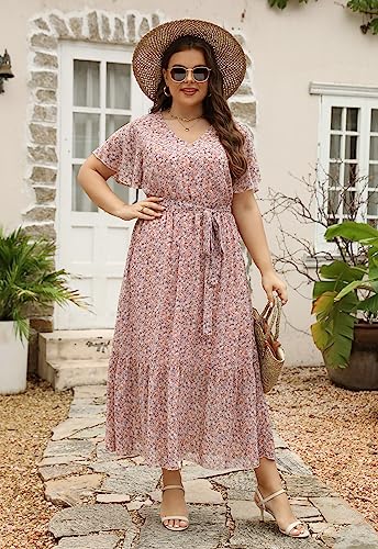 Image of Nemidor Plus Size Women Casual Maxi Dresses Print Bobo Belted Layered Chiffon Summer Long Dress with Ruffle Sleeve