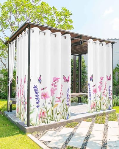Waterproof Outdoor Curtains for Patio Porch, Lavender Pink Flower Butterfly Grommet Curtain Panel Windproof Outside Curtains Tieback, Country Floral on White Weighted Window Treatment Drapes