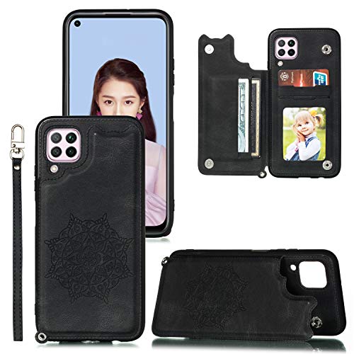 Ranyi for Samsung Galaxy A42 5G Case, Mandala Flower Wallet Case with 4 Credit Card Holder Slots Kickstand [Fits Magnetic Car Mount] Flip Button Wallet Case for Samsung Galaxy A42 5G 6.6" -Black