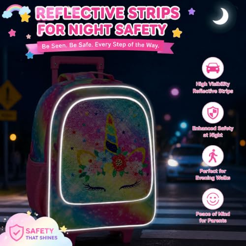Image of CCJPX 3PCS Kids Rolling Backpack for Girls, Unicorn Sequin Roller Wheeled Bookbag Toddler Elementary School Bag with Wheels