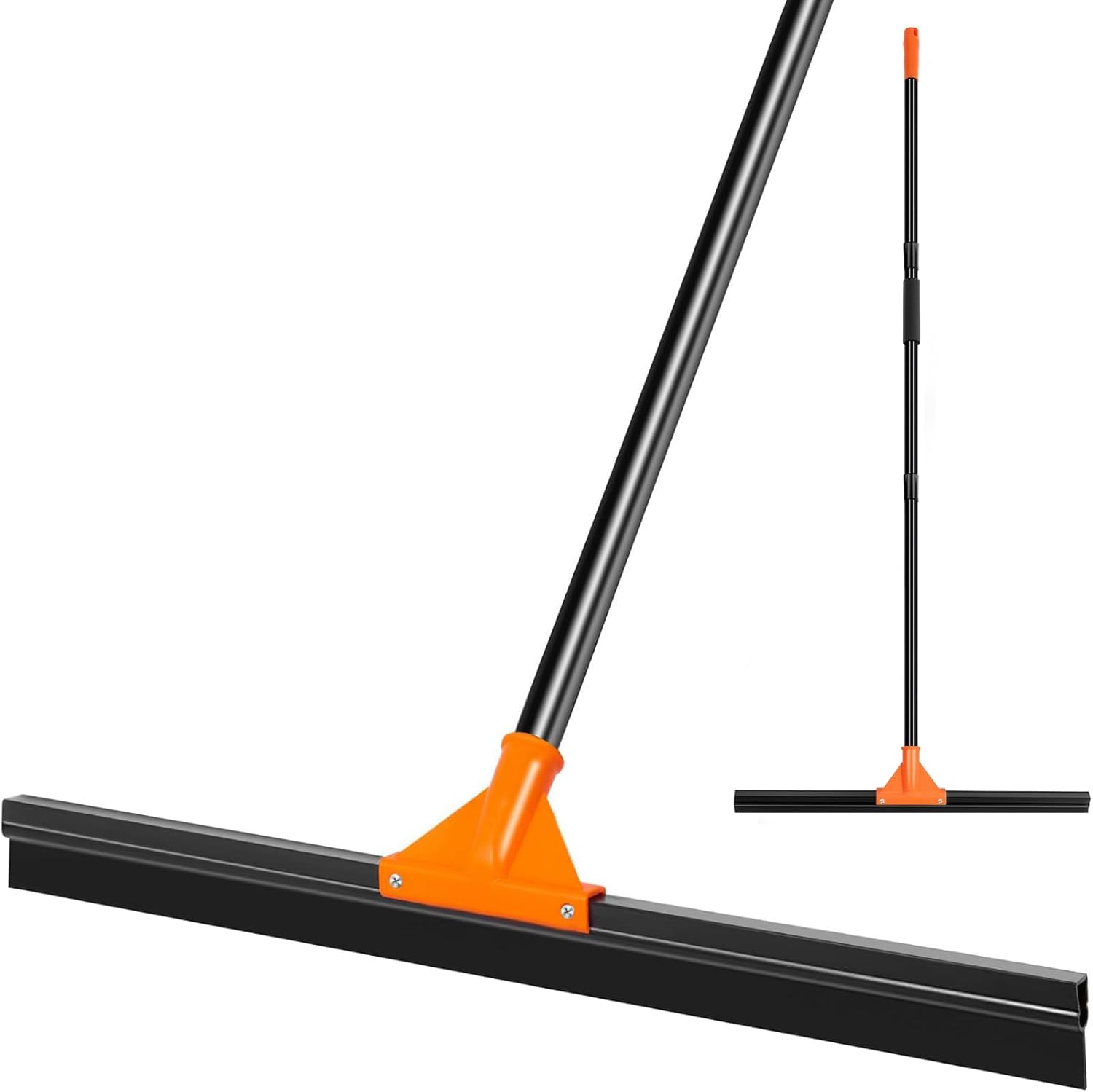 Heavy Duty Floor Squeegee for Concrete Tile Cleaning, 24" Rubber Wiper Squeegee Broom with Long Handle, Commercial Scrubber Mop for Garage Deck Bathroom Kitchen Pool Glass Orange 24 inch