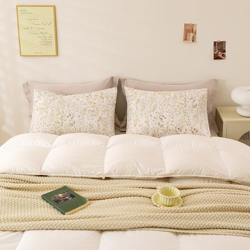 Image of ECOCOTT Floral Pillowcases Queen Size 2 Pack, 100% Washed Cotton Pillow Cases with Envelope Closure, Green Botanical Wildflower Printed Pillow Covers