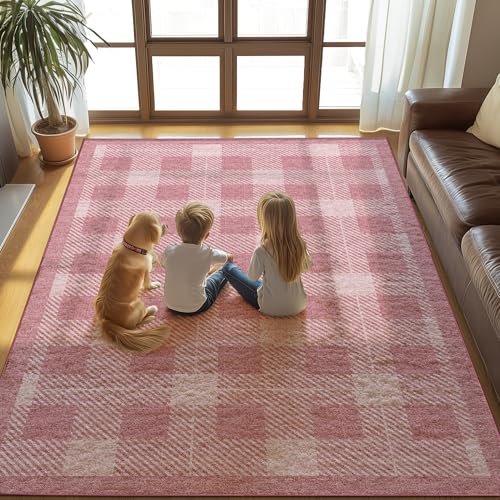 Washable 4x6 Checkered Rug for Living Room, Pink Checkerboard Modern Minimalist Large Area Rugs, Ultra-Thin Low Pile Soft Nonslip Indoor Floor Carpet Doormat for Office Bedroom Playroom Kitchen Dorm