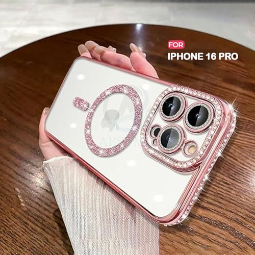 Image of AESTMO Back Cover for iPhone 16 Pro Compatible with MagSafe | Diamond Glitter Case | Luxury Bling Rhinestone Soft Clear TPU Bumper | Camera Lens Protection Cover for iPhone 16 Pro (Pink)