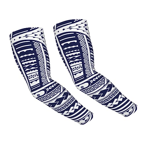 NOKOER Blue Polynesian Maori Tribal Pattern Printed Cooling Arm Sleeves For Men&Women,Sun Protection Sleeve For Golf,Cycling,Thumb Hole Sun Sleeves Cover