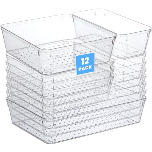 12 Pack Drawer Organizer - 3 Sizes, Clear Plastic Kitchen Drawer Organizers Set, Versatile Bathroom...