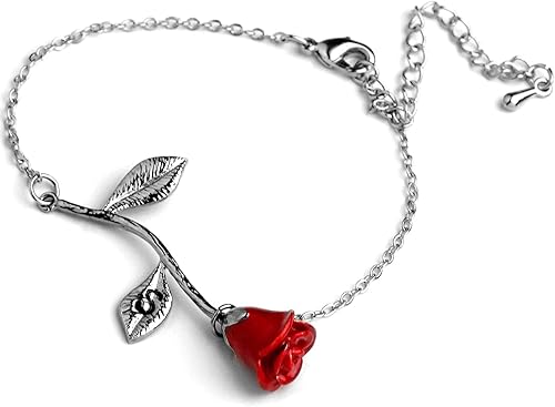 Miniatura 1 de Red Petal Rose Bracelet in Silver Beauty and the Beast Rose Bracelet Initial Bracelet Christmas Gifts for Mom - 3ERBR (S)