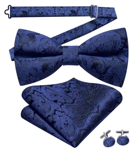 Image of Dubulle Mens Paisley Striped Bowtie Set Pre-tied Bowtie for Men and Pocket Square Set Wedding Business