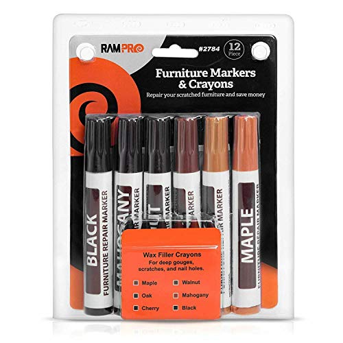 Ram-Pro Furniture Markers Touch Up Repair System - 12Pc Scratch Restore Kit - 6 Felt Tip Wood Markers, 6 Wax Stick Crayons | Colors: Maple, Oak, Cherry, Walnut, Mahogany, Black