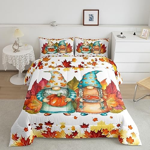 Maple Leaves Comforter Set King,Cute Fall Gnomes Bedding for Kids Boys Girls,Happy Thanksgiving Day Bedding Comforter Sets,Autumn Harvest Pumpkin Duvet Insert with 2 Pillowcases Lightweight