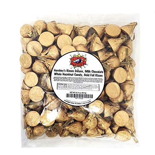 CrazyOutlet Hershey's Kisses Deluxe Milk Chocolate Whole Hazelnut, Gold Foil Valentine's Day Candy, Bulk 2 Lbs