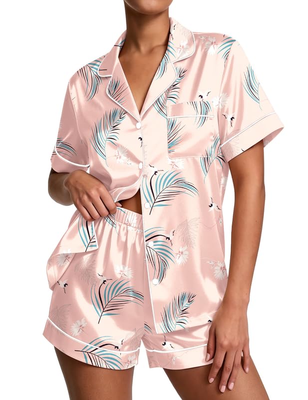 Image of Ekouaer Pajamas for Women Set Silk Satin Pjs Button Down Sleepwear Summer Loungewear Top and Shorts Lounge Set S-XXL