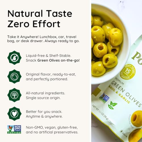 Image of POSHI Green Pitted Olive Snack Packs, Basil & Garlic, 1.1 oz (Pack of 30)