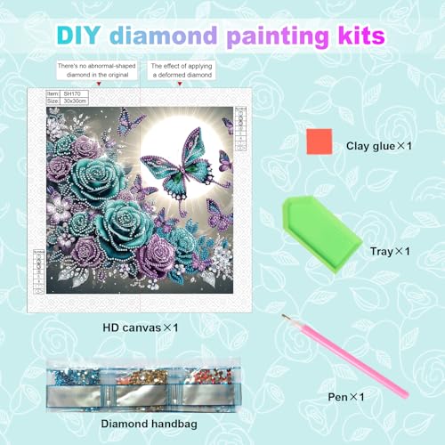 Image of Tontut Diamond Art Painting Kit, Blue and Purple Roses, Butterflies 5D DIY Localized Special Shape Diamond Art Painting Mosaic Crafts for Beginners.