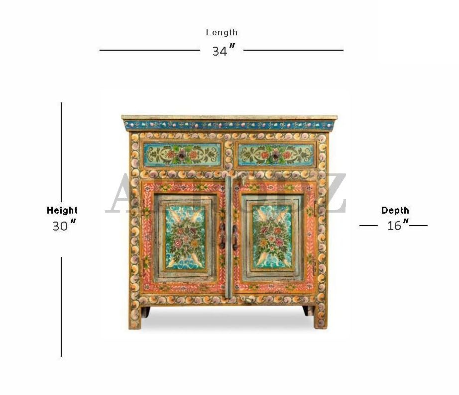 Image of APRODZ Hand-Painted Solid Wood Sideboard Cabinet with 2 Doors & 2 Drawers | Wooden Storage Cabinet for Bedroom Living Room & Kitchen | Crockery Cabinet, Kitchen Storage | Multicolor, 34x16x30 Inches