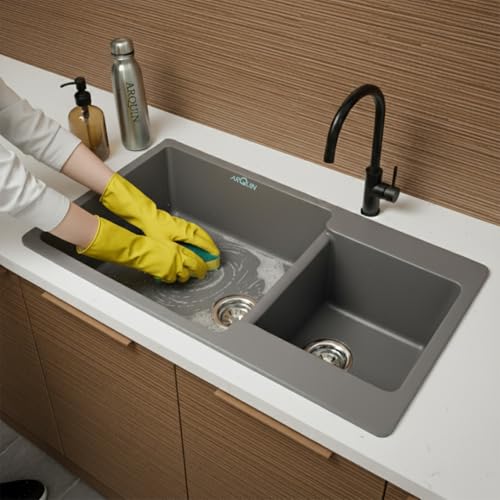Image of ARQUIN Double Bowl Quartz Kitchen Sink 34x20x9 Inch Grey Granite, UV Protected, Undermount /Topmount Noise Reducing Quartz Sin For Kitchen Basin