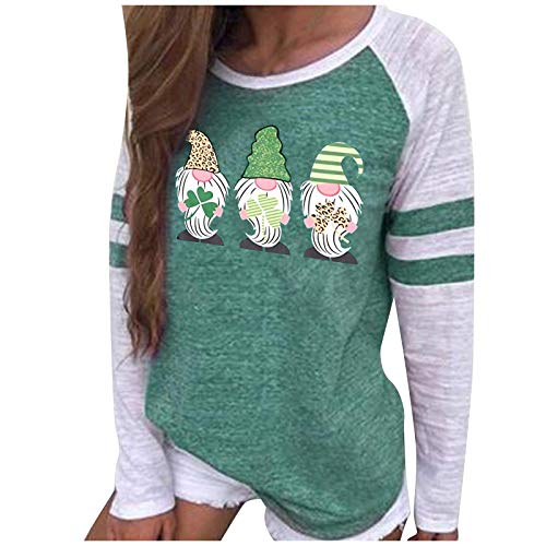 Women Plus Size Casual Saint Patrick Printed T-Shirt Jumper Blouse Tops Ladies Solid Color Long Sleeve Green