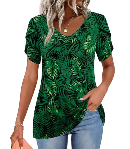 Image of CATHY 2026 Women Tops Summer Short Sleeve Tunic V Neck T-Shirts Loose Casual Floral Blouse S-4XL
