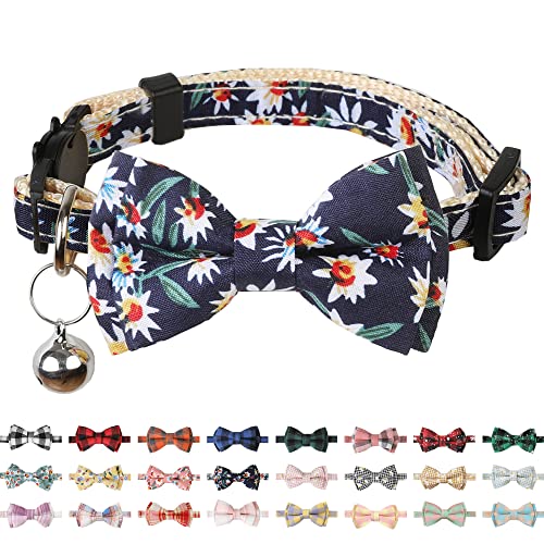 Image of Cat Collar Breakaway with Bells,Cute Cat Bow Tie,1 Pack Safety Kitten Plaid & Flower Collar for Girl Boy Male Cats(Dark Blue /Flower)