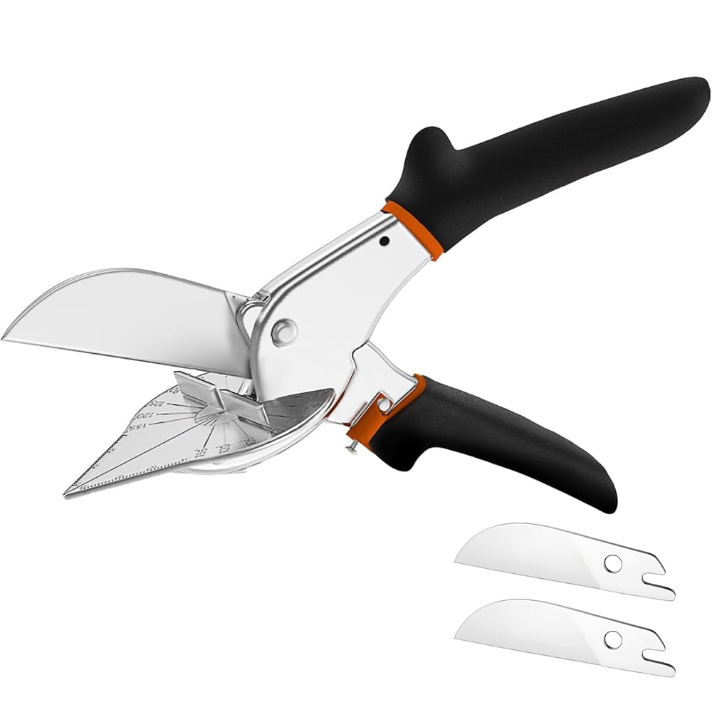 Mitre Shears, 45-135 Degree Adjustable Angle Scissors with 2 Spare Blades, Multifunctional Trunking Shears for Vinyl Wood Molding Trim