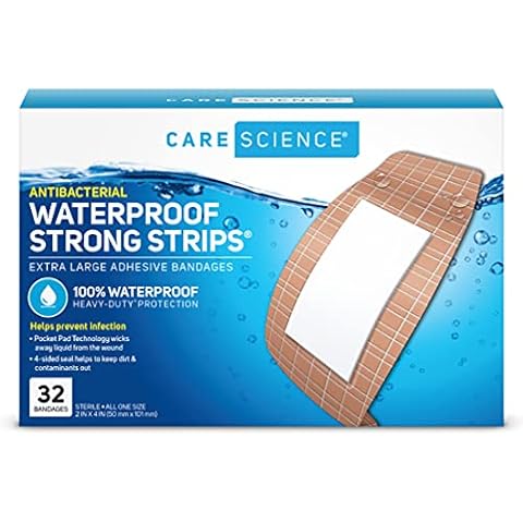 Care Science Waterproof Strong Strips Adhesive Bandages, Extra Large, 32 CT | 100% Waterproof, Heavy-Duty Protection, Helps Prevent Infection for First Aid and Wound Care Cover