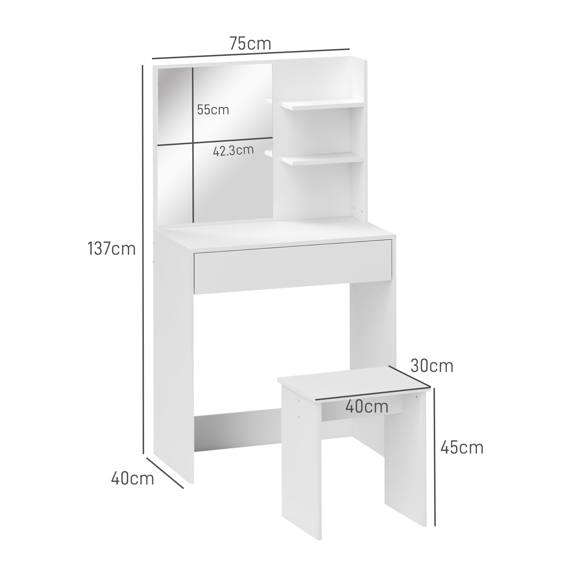 HOMCOM Postazione Trucco a 3 Ripiani e Cassetti con Specchio e Sgabello Abbinato, Toeletta Trucco da Camera in Truciolato, 75x40x137 cm, Bianco