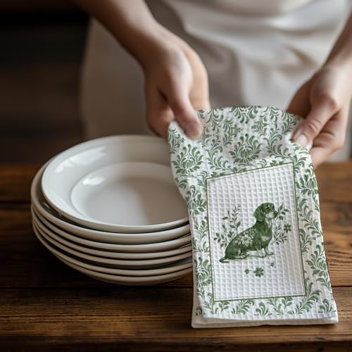 Image of Green Chinoiserie Dachshund Kitchen Towels Set of 2 | Perfect for Dachshund lovers, dog moms, housewarmings, birthdays, and holiday gifting.