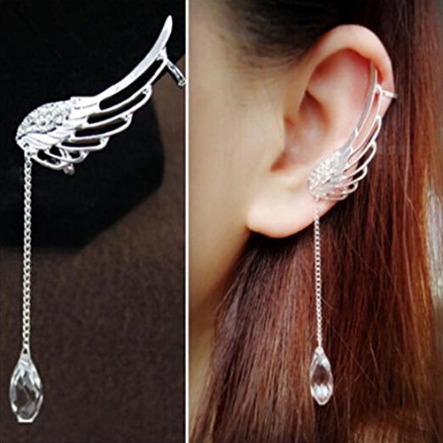 Upxiang Non Piercing Boucles d'oreilles Clip 1 Paire d'ailes d'ange en Cristal Cristal Drop Oreille Manchette Boucle d'oreille pour Femme Cartilage Femme