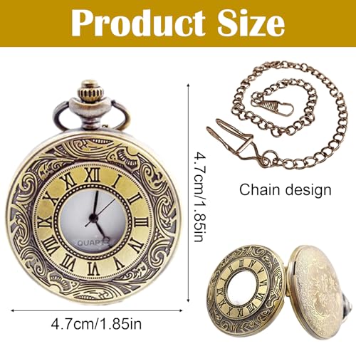 Vintage Pocket Watch, 1.85in Quartz Pocket Watch, Metal Roman Numerals Stylish Pocket Watch with Chain, Mens Birthday Gift Set Anniversary Day Husband Christmas Gifts Father's Day Gifts(Bronze Colour) - Image 3