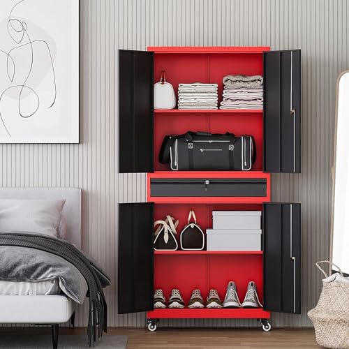 Image of Letaya Metal Garage Storage Cabinet with Wheels,Rolling Tool Cabinet with Adjustable Shelves and Drawer for Garage Home Utility Room (Red)