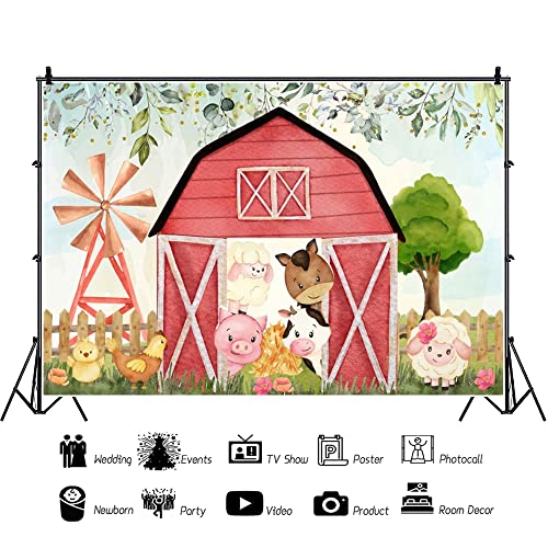 Ttincceer 7x5ft Animal Farm Backdrop Cute Pig Sheep Cow Pink Farmhouse Photography Background Eucalyptus Leaf Tree Cartoon Animal Photography Backdrop for Baby Shower - Image 2