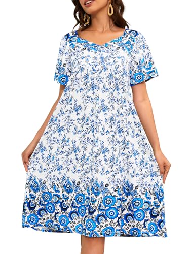 Image of CRIPOM Womens Nightgown Short Sleeve House Dress with Pockets-Floral Print Mumu Dress S-3XL