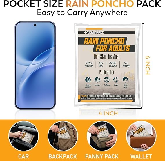 Image of Disposable Emergency Rain Ponchos 5 /10 Pack, Clear Waterproof