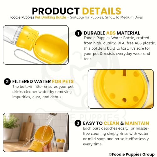 Image of Foodie Puppies Portable Dog Water Bottle, (530ml,18Oz) Color May Vary | Leak-Proof Easy Squeeze Pet Water Dispenser with BPA-Free Drinking Cup | Walking, Hiking, Travel & Road Trips