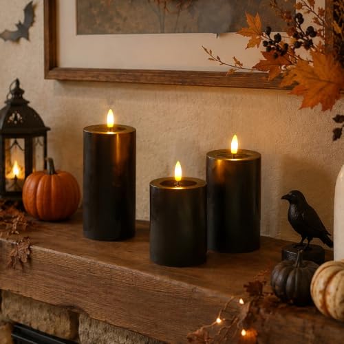 Image of Yeelida Halloween Remote Flameless Flickering Pillar Candles with Candle Grease Effect,Pack of 3 Black LED Battery Oprated 2 /4 /6 /8 Hours Timer Real Wax Electric Candles(3x4,5,6 Inches)