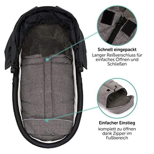 Zamboo Universal Fußsack Daunen für Babyschale und Babywanne - Winterfußsack für 3- oder 5-Punkt-Gurt, extra leicht und warm, mit Kapuze und Tasche - Grau