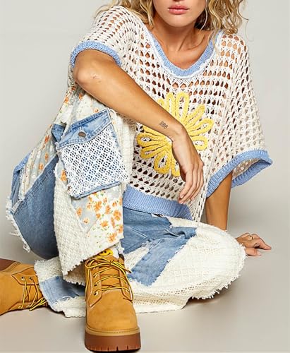 Women Floral Crochet Sweater Short Sleeve Crewneck Hollow Out Lightweight Knit Pullover Tops 2025 Summer Beach Cover Ups4