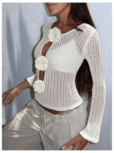 MakeMeChic Women's 3D Floral Crochet Sweater Cut Out Long Sleeve Crew Neck Knitted Crop Pullover Tops3