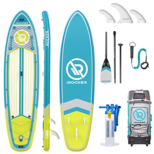 iROCKER All-Around Inflatable Stand Up Paddle Board, Extremely Stable 11' Long x 32' Wide x 6' Thick Premium SUP with Roller Bag, Carbon Paddle, Pump, Leash, Fins & Repair Kit, Teal