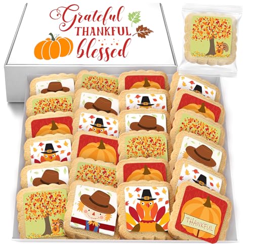 Thanksgiving Cookies 24 Pack Decorated | INDIVIDUALLY WRAPPED Sugar Cookies | Gift Basket Pumpkin Turkey Scarecrow | Nut Free