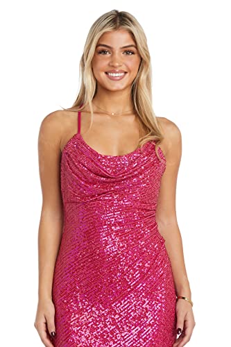 Image of Nightway Juniors' Long Sequin Cowl Neck Gown W /Cross-Back Spaghetti Straps & Side Slit - Prom Cocktail Party