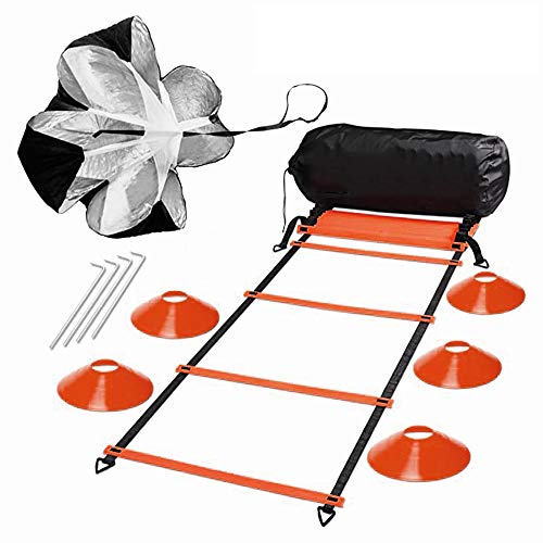 H&H 20ft Speed and Agility Ladder Training Set, Include 5 Disc Cones, Resistance Parachute, 4 Steel Stakes for Outdoor Workout, Improves Coordination, Speed, Power and Strength(Orange)