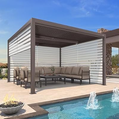 PURPLE LEAF Outdoor 12' × 12' Louvered Pergola with Three Side Beam Screens and Patio Adjustable Aluminum Canopy Retractable Metal Roof for Deck Outside Backyard Hardtop Gazebo Sun Shade Bronze