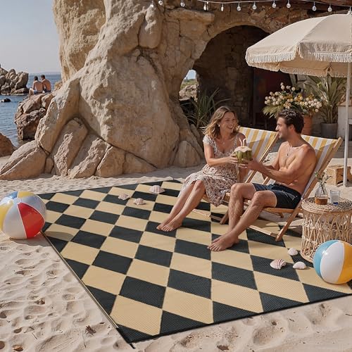 Outdoor Plastic Checkered Rug Waterproof Patio 5x8 Black Brown Diamond Geometry Mat for Porch Camping RV Balcony Deck Courtyard Reversible Lightweight Durable Portable