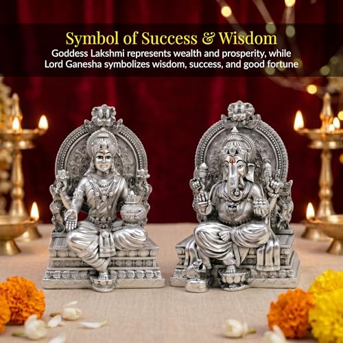 Image of Premium Silver-Plated Lakshmi Ganesha Idol Murti Set | Laxmi Ganpati Statue for Home Temple| Pooja Room | Office Desk | Mandir Decor | Diwali | Housewarming | Wedding Gift | 3.7 Inch