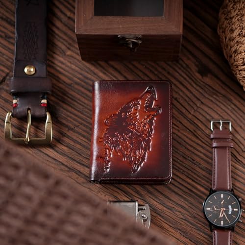 Mens Wallet With Coin Pocket,Wolf Bifold Wallets For Men Leather RFID Blocking,Gift for Him (brown)2