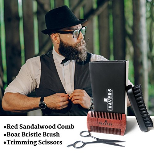Travers Brands Beard Grooming Kit for Men, Beard & Mustache Growth Grooming & Trimming Gift Set, Black Boar Bristle Beard Brush, Red Sandalwood Beard Comb, Black Trimming Scissors for Styling